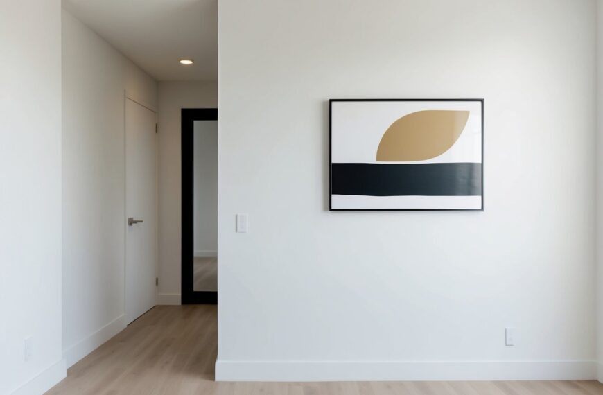 31 A simple, clean room with a single piece of abstract wall art. The decor is minimalist, with neutral colors and clean lines