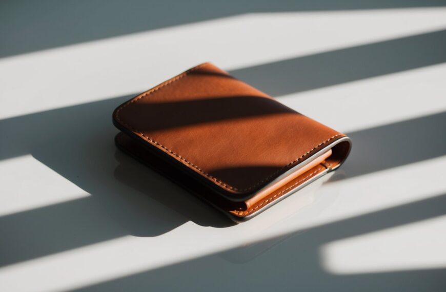 81 A minimalist leather wallets sits on a clean, modern surface, casting a subtle shadow
