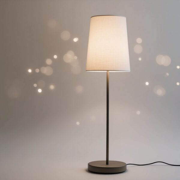6 A simple, slender minimalist floor lamp with a straight, unadorned stem and a small, round base. The lampshade is a plain, geometric shape, casting a soft, diffused light