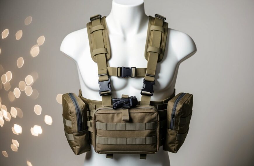 19 A minimalist chest rig with webbing straps and pouches, designed for carrying essential gear, is set against a neutral background