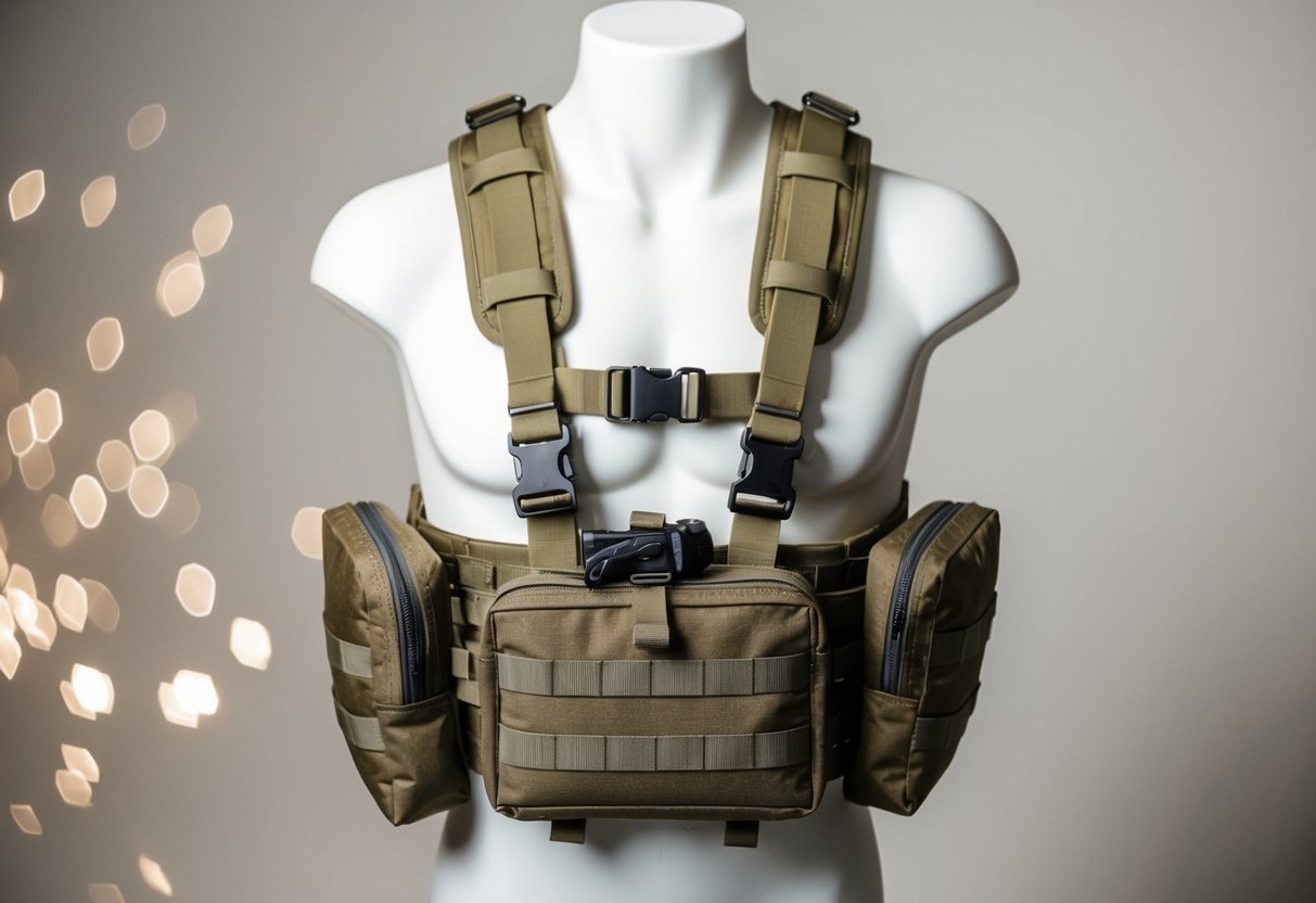 Minimalist Chest Rig: The Essential Gear for Versatile Carrying Solutions 1 A minimalist chest rig with webbing straps and pouches, designed for carrying essential gear, is set against a neutral background