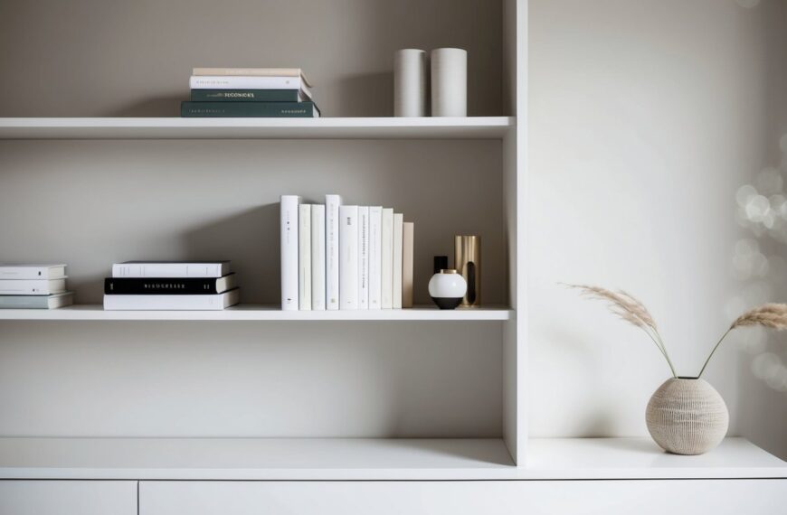 53 A simple, clean minimalist bookshelf with a few books and decorative objects. Clean lines and neutral colors create a minimalist aesthetic