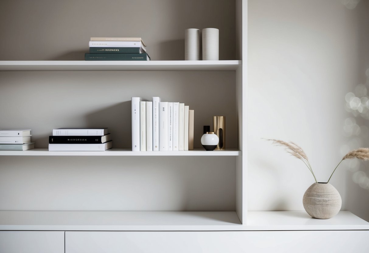 Minimalist Bookshelf: Essential Design Tips for a Sleek Home Display 1 A simple, clean minimalist bookshelf with a few books and decorative objects. Clean lines and neutral colors create a minimalist aesthetic