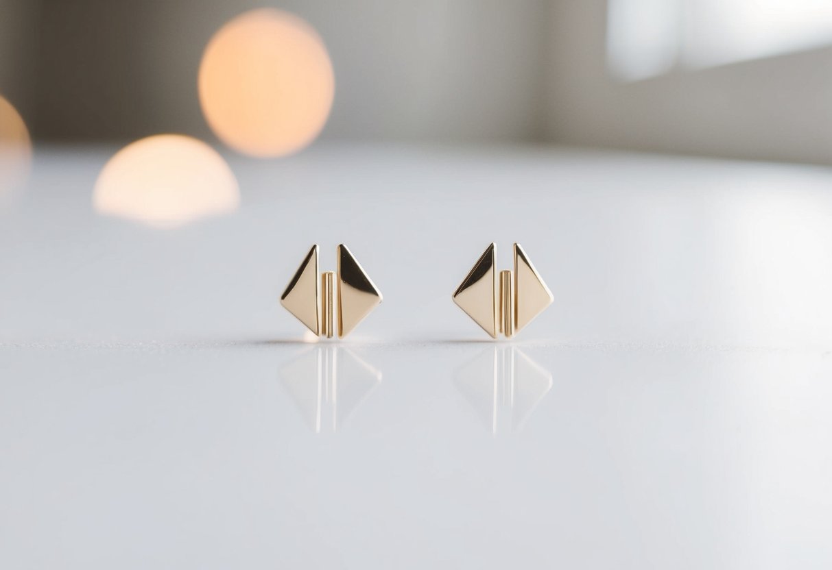Two small, simple minimalist earrings on a clean, white surface. Geometric shapes or delicate lines, with no embellishments