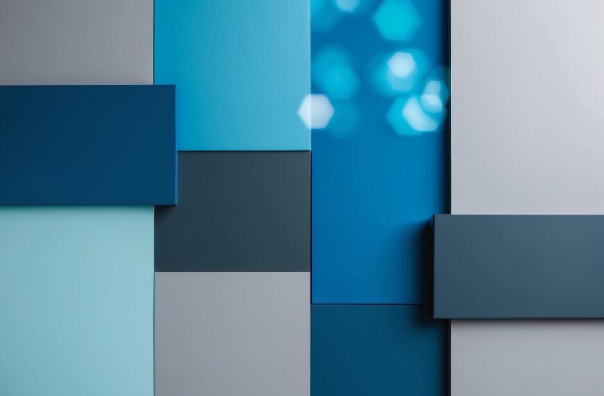 27 A series of simple geometric shapes in varying shades of blue and gray arranged in a balanced composition