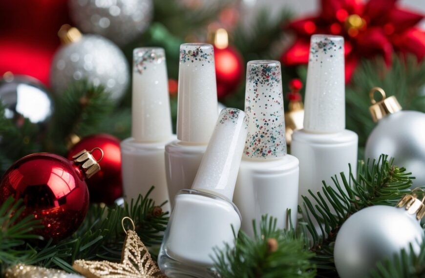 91 Sparkling white nails with glittery accents, surrounded by festive Christmas decorations