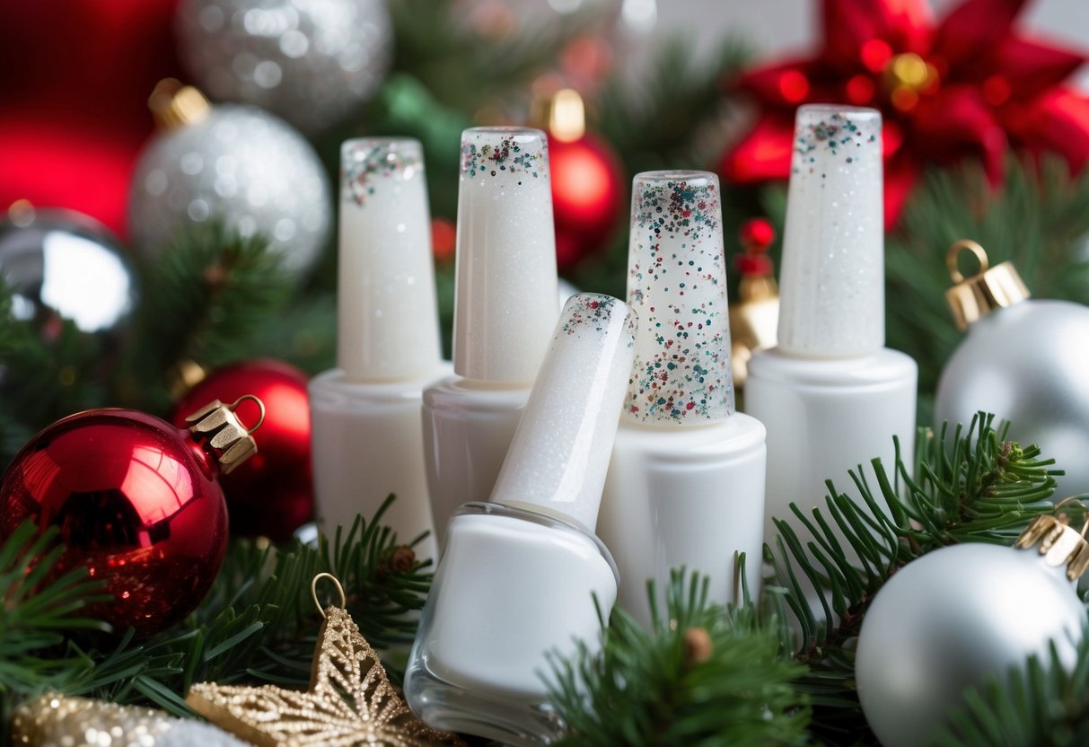 Glitter White Christmas Nails for Minimalists: Holiday Style with Sparkling Elegance 1 Sparkling white nails with glittery accents, surrounded by festive Christmas decorations