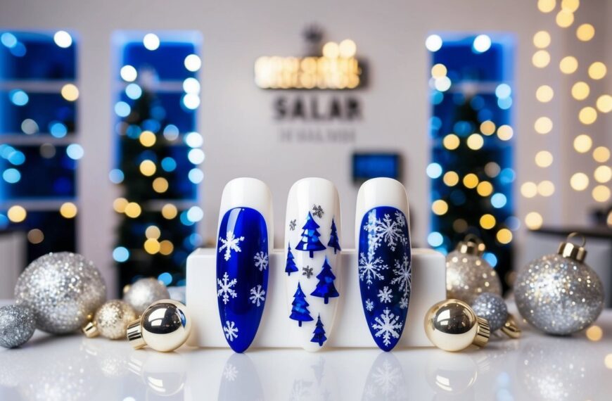 89 A festive nail salon with blue Christmas nail art displayed on a clean, white surface, surrounded by glittering ornaments and twinkling lights