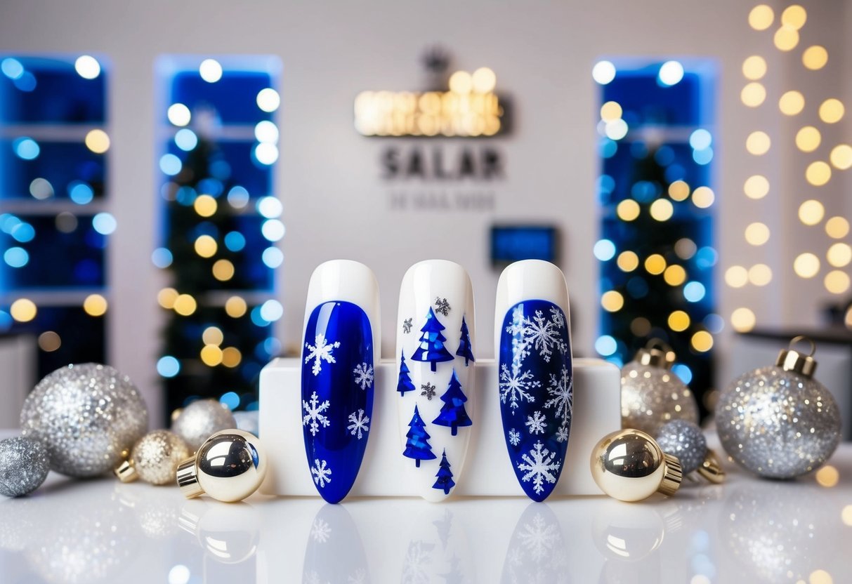 Christmas Nails Blue: Elegant Minimalist Designs for a Festive Look 1 A festive nail salon with blue Christmas nail art displayed on a clean, white surface, surrounded by glittering ornaments and twinkling lights