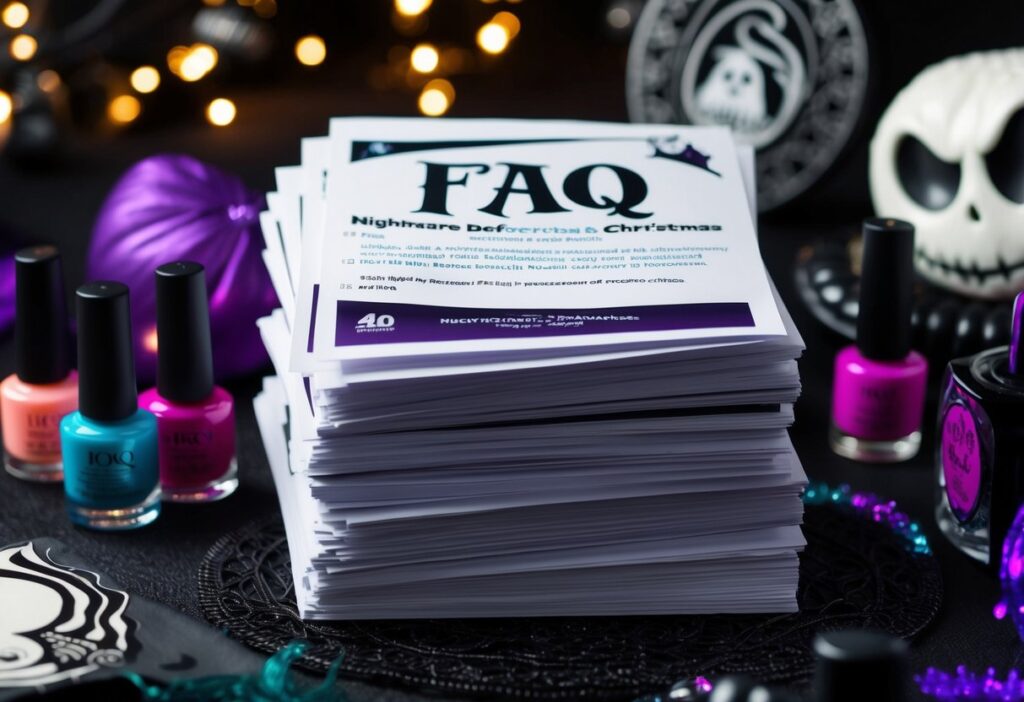 Nails Nightmare Before Christmas: Tips for Perfect Minimalist Holiday Nail Art 4 A stack of FAQ papers with "Nightmare Before Christmas" theme, surrounded by nail polish bottles and spooky decor