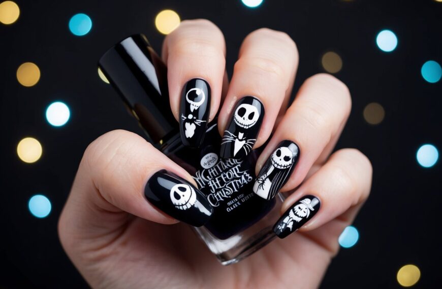 87 A dark, eerie nail design inspired by "Nightmare Before Christmas" featuring iconic characters and motifs on a black background