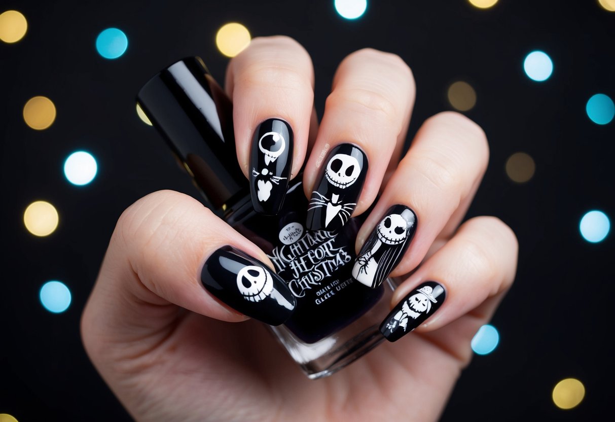 Nails Nightmare Before Christmas: Tips for Perfect Minimalist Holiday Nail Art 1 A dark, eerie nail design inspired by "Nightmare Before Christmas" featuring iconic characters and motifs on a black background