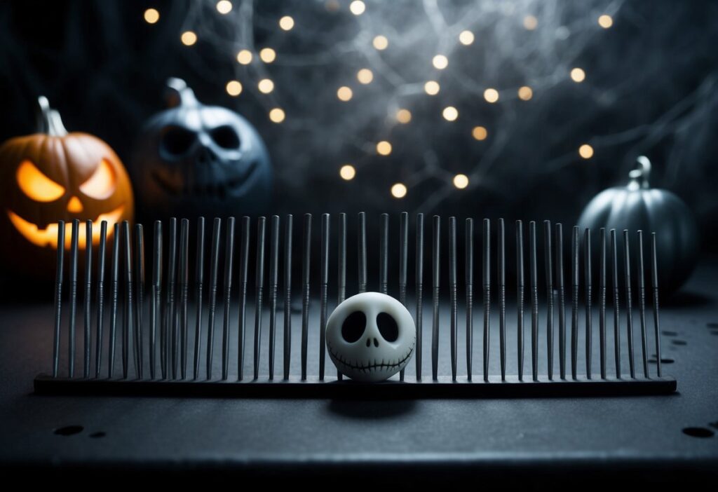 Nails Nightmare Before Christmas: Tips for Perfect Minimalist Holiday Nail Art 2 A spooky, dark scene with nails arranged in the style of "The Nightmare Before Christmas" movie, with eerie lighting and a haunting atmosphere