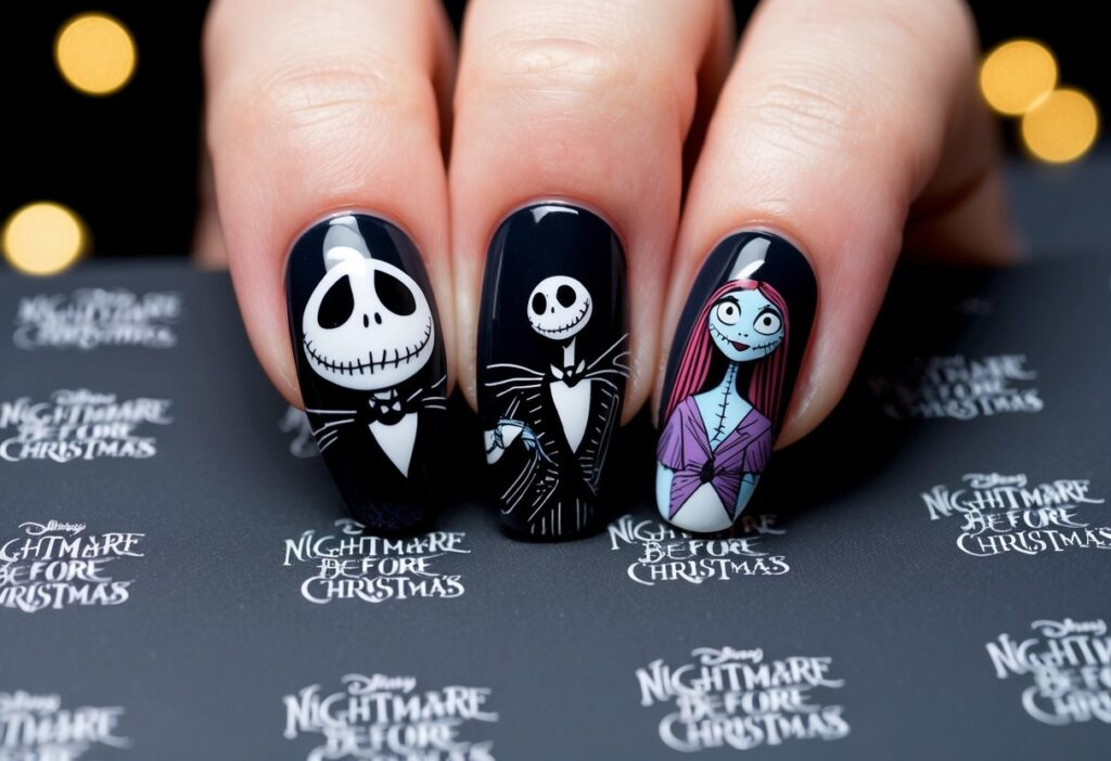 Nails Nightmare Before Christmas: Tips for Perfect Minimalist Holiday Nail Art 3 A dark, whimsical nail art design featuring iconic characters and imagery from Nails Nightmare Before Christmas.