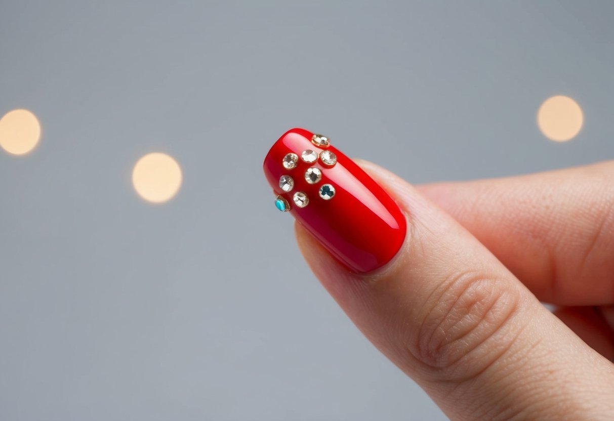 Christmas Red Nails for a Minimalist: Sleek Designs for a Festive Touch 1 A single red nail adorned with festive embellishments stands out against a minimalist background