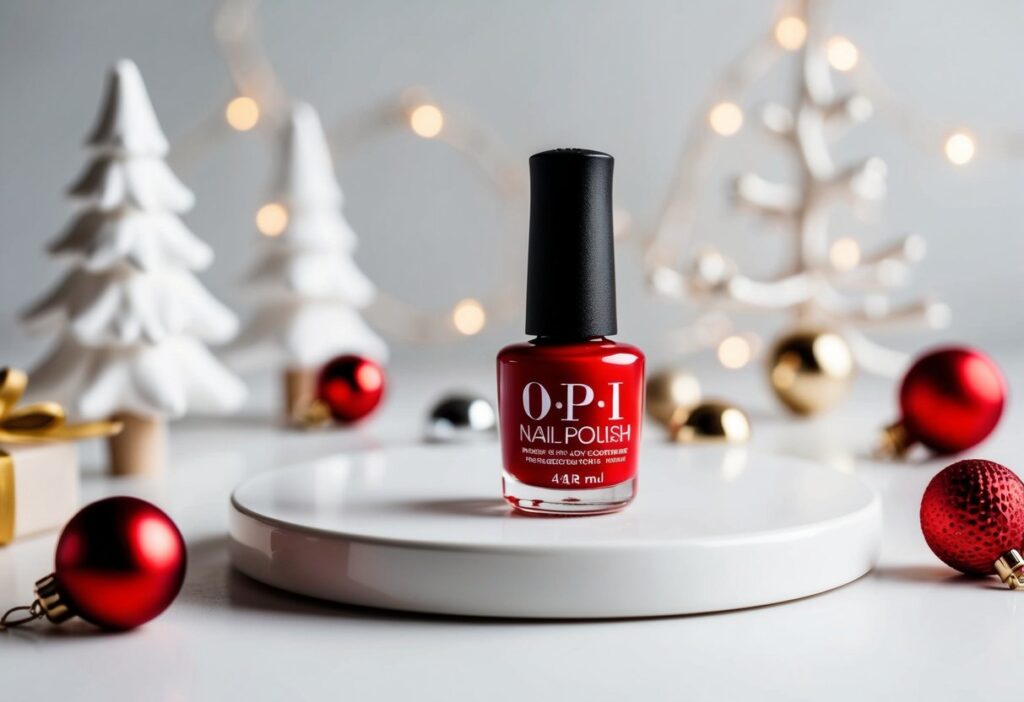 Christmas Red Nails for a Minimalist: Sleek Designs for a Festive Touch 2 A single red nail polish bottle on a white surface, surrounded by minimalist Christmas decorations