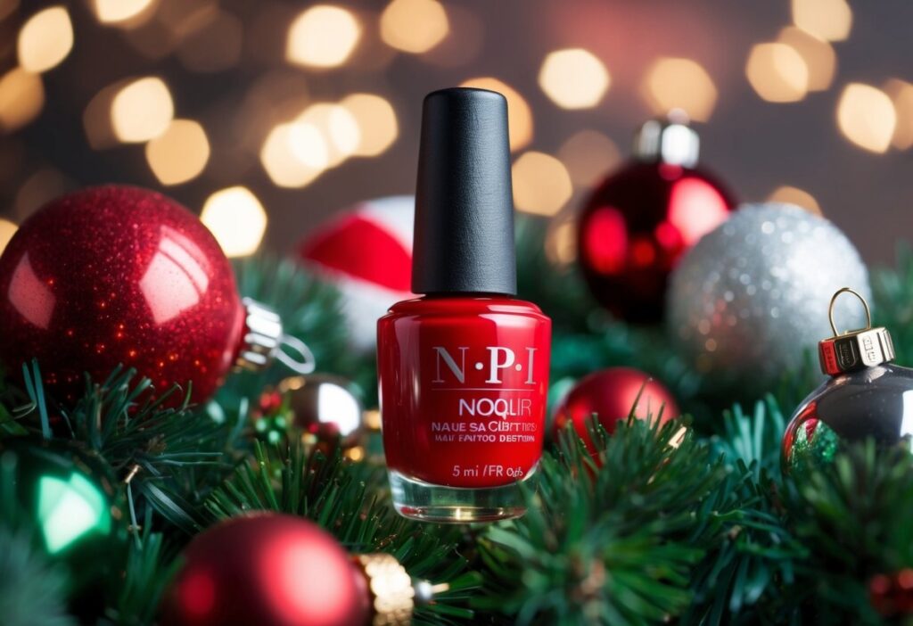 Christmas Red Nails for a Minimalist: Sleek Designs for a Festive Touch 3 A single red nail polish bottle surrounded by festive holiday decorations for Christmas red nails
