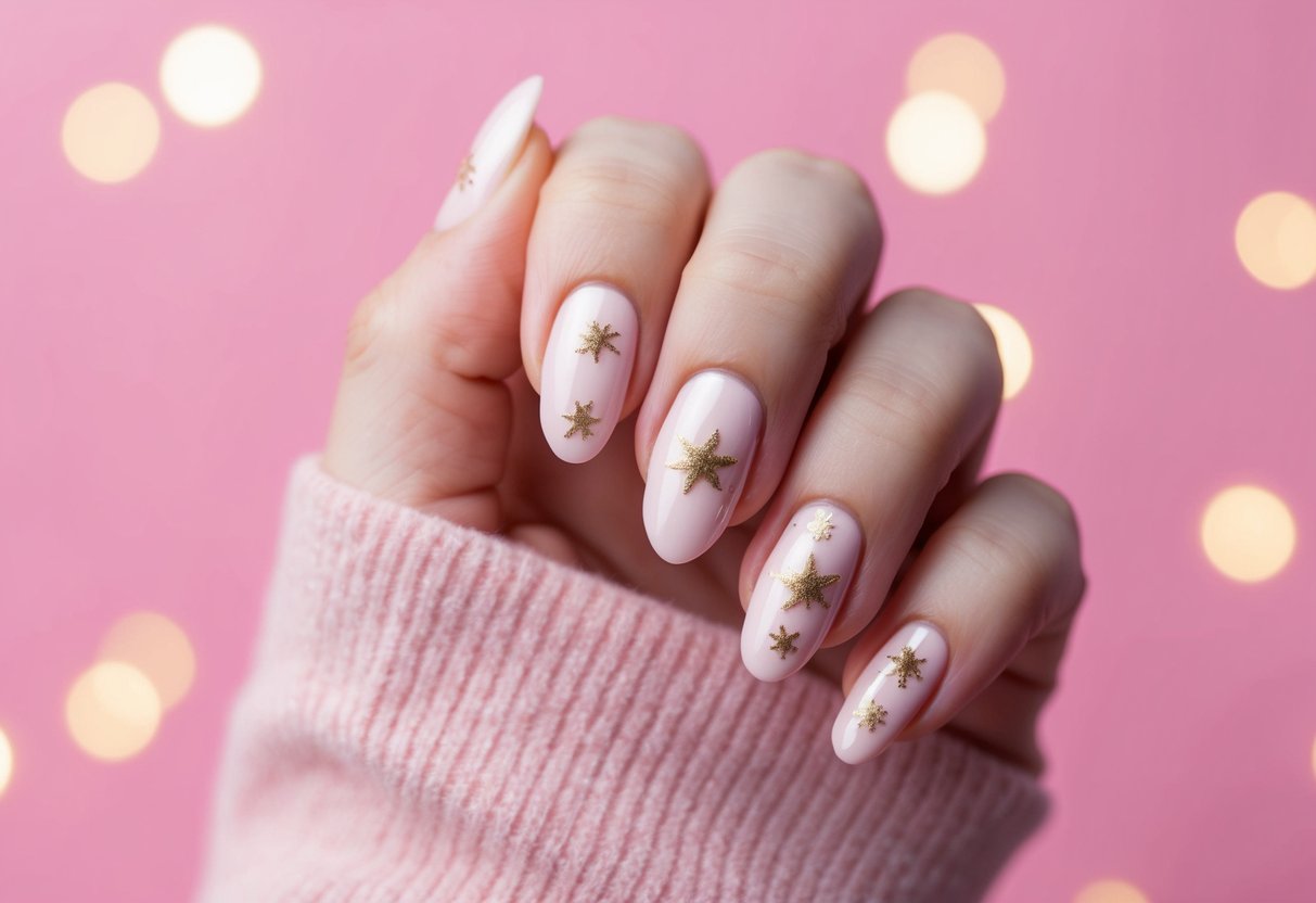 A simple, elegant nail design with tiny gold stars and delicate snowflakes on a soft pink background