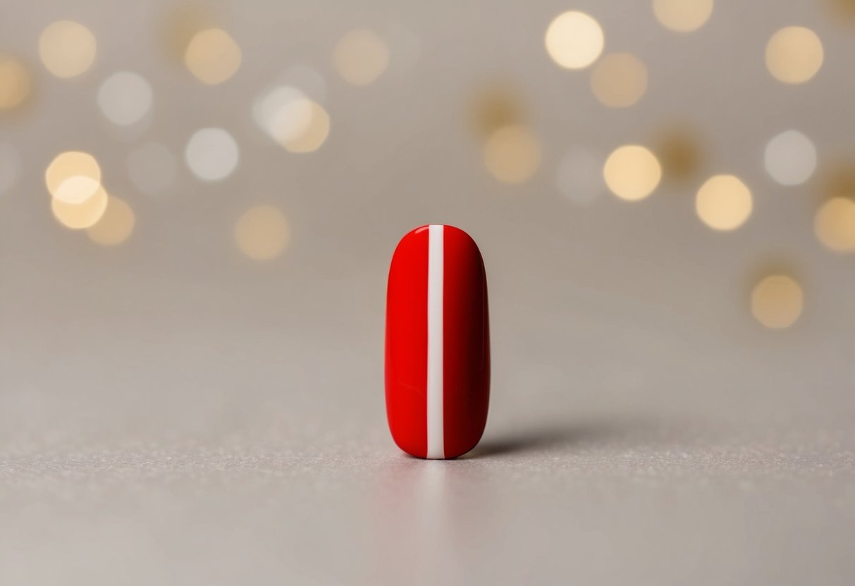 Minimalist Christmas Nails: Elegant Designs for the Festive Season 1 A single red nail with a thin white stripe, surrounded by tiny gold dots on a neutral background. the perfect minimalist Christmas nails