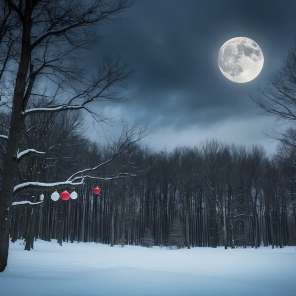 A dark, snowy forest with bare trees and a single ominous moon in the sky. A few scattered, minimalist Christmas ornaments hang from the branches