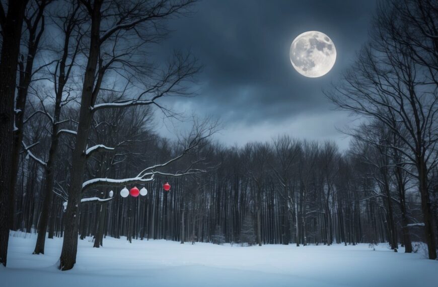 2 A dark, snowy forest with bare trees and a single ominous moon in the sky. A few scattered, minimalist Christmas ornaments hang from the branches