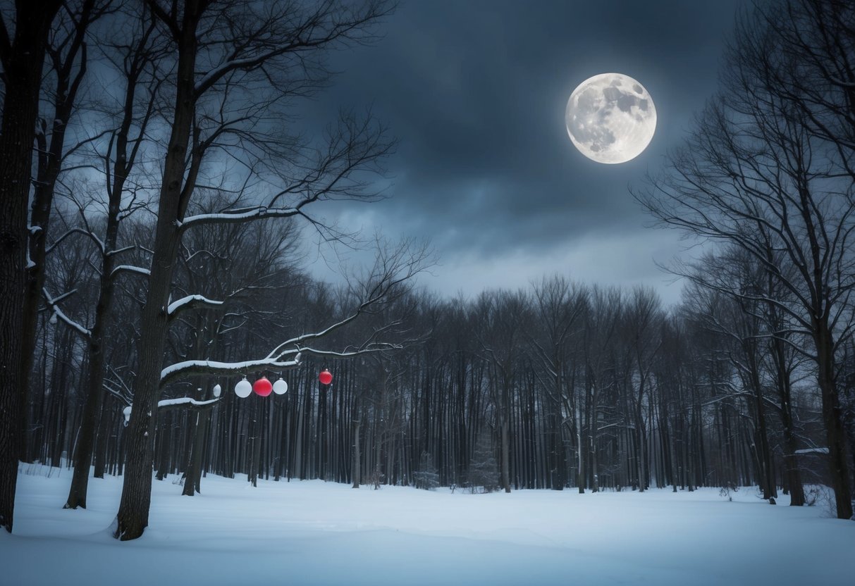 A dark, snowy forest with bare trees and a single ominous moon in the sky. A few scattered, minimalist Christmas ornaments hang from the branches