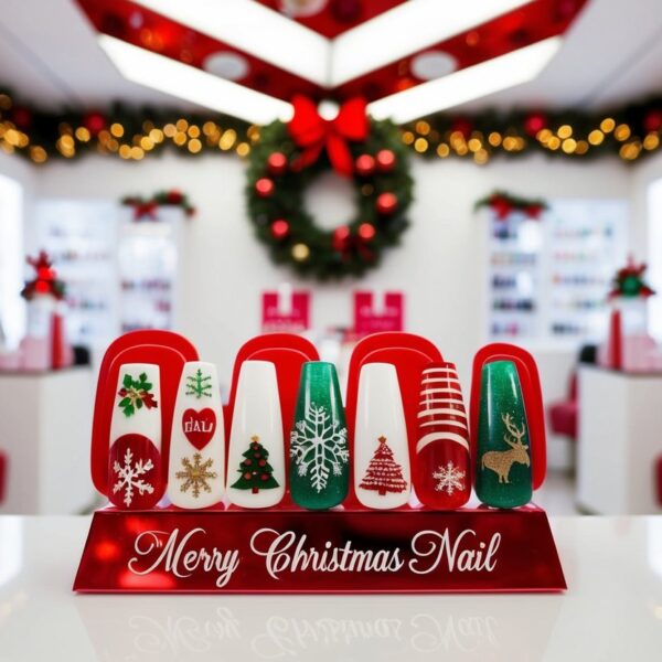 4 A festive nail salon with various Christmas-themed nail designs on display