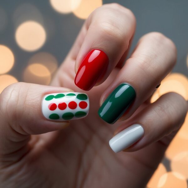 A single nail with a simple, clean design in red, green, and white