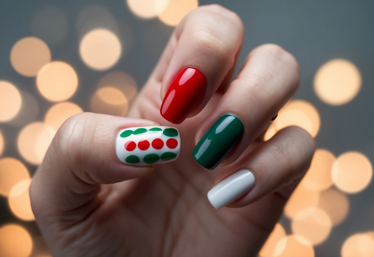 Minimalist Christmas Color Nails: Elevate Your Holiday Style with Simple Elegance 1 A single nail with a simple, clean design in red, green, and white