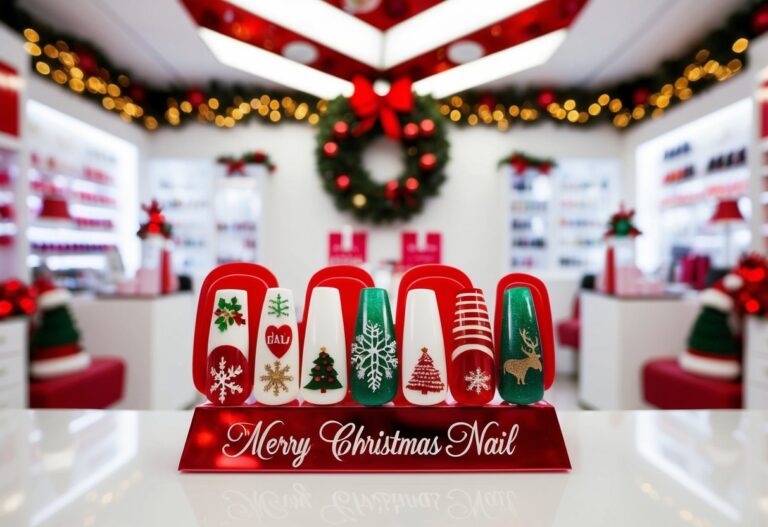Minimalistic Nail Colors for Christmas: Festive Shades to Brighten Your Holiday Season 1 A festive nail salon with various Christmas-themed nail designs on display
