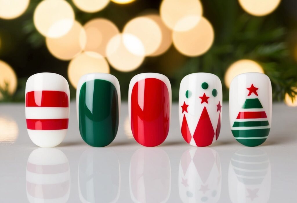 Minimalist Christmas Color Nails: Elevate Your Holiday Style with Simple Elegance 3 A simple, clean scene of minimalist Christmas-themed nail art with red, green, and white colors, possibly featuring geometric shapes or simple patterns