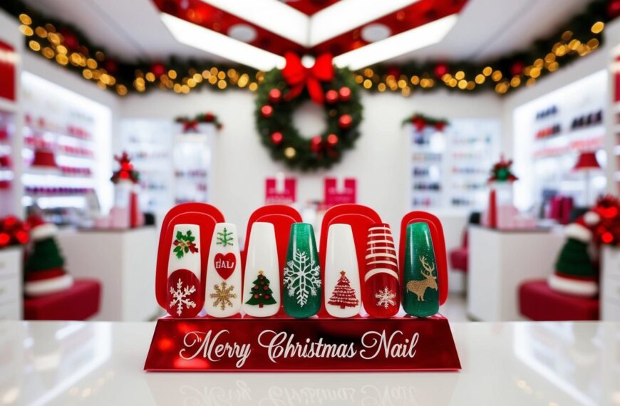 83 A festive nail salon with various Christmas-themed nail designs on display