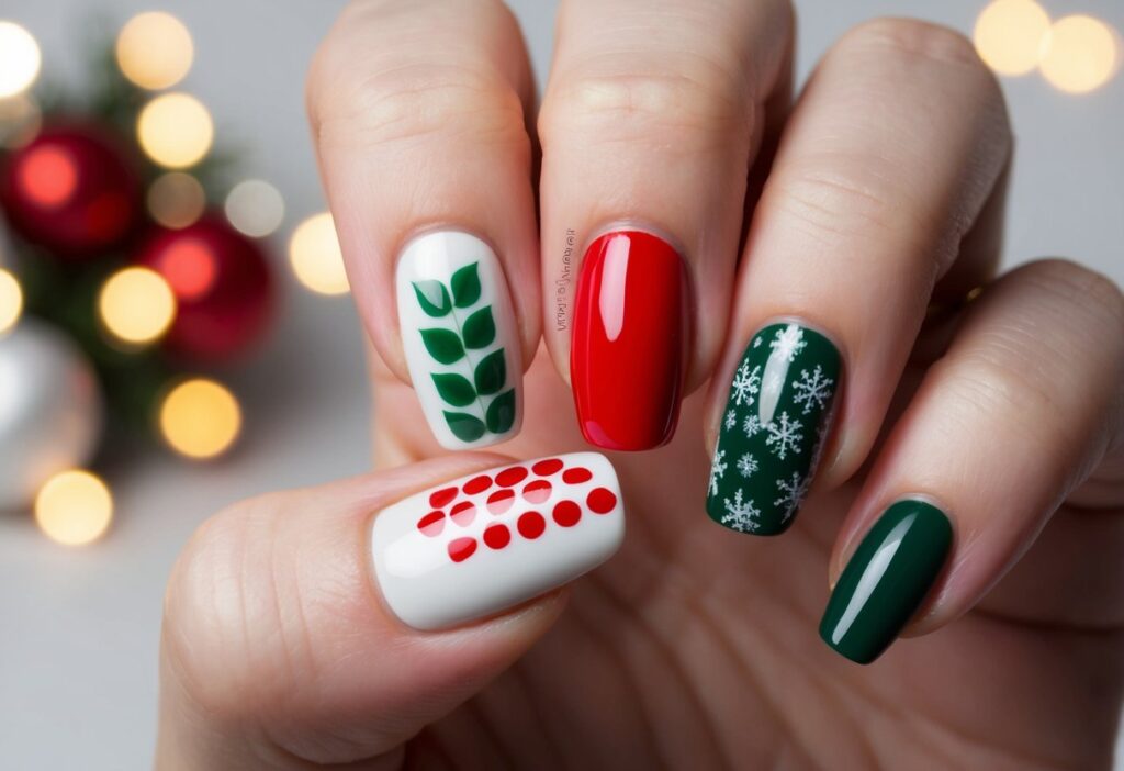 Minimalist Christmas Color Nails: Elevate Your Holiday Style with Simple Elegance 2 A simple, elegant nail design with red, green, and white colors, featuring minimalist Christmas color nails -themed patterns and imagery