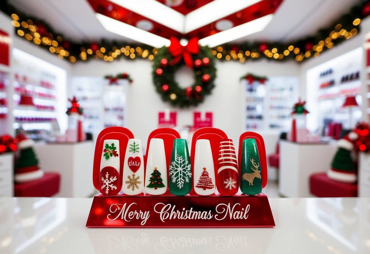A festive nail salon with various Christmas-themed nail designs on display
