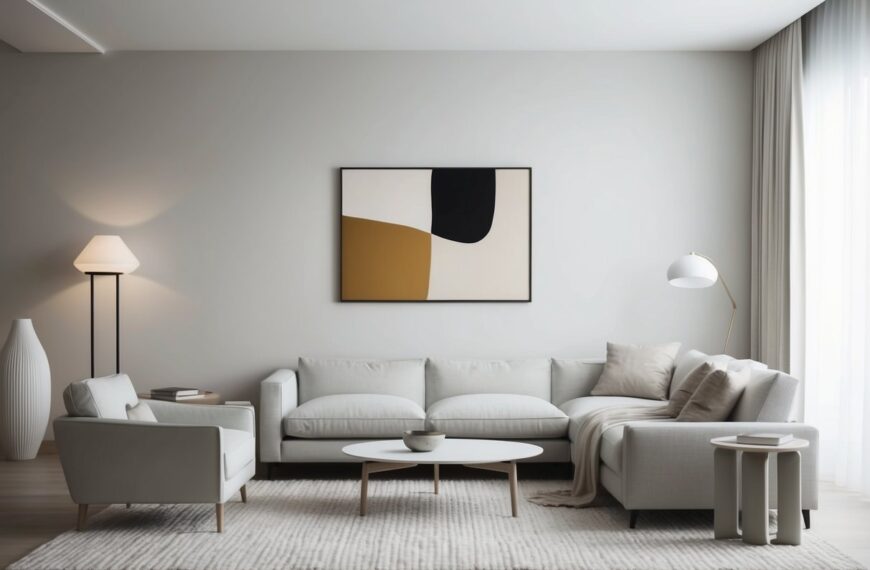 A serene, modern living room with clean lines, neutral colors, and uncluttered surfaces. A single piece of abstract art hangs on the wall