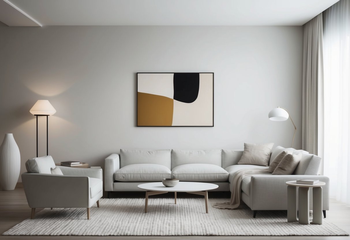 A serene, modern living room with clean lines, neutral colors, and uncluttered surfaces. A single piece of abstract art hangs on the wall