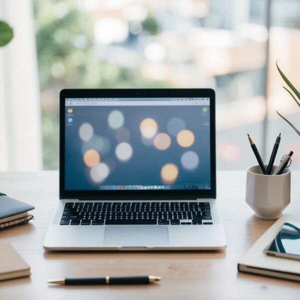 A clutter-free desk with only necessary items: a laptop, notebook, pen, and a plant