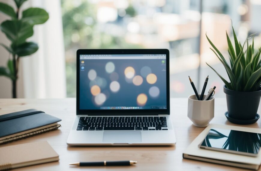 A clutter-free desk with only necessary items: a laptop, notebook, pen, and a plant
