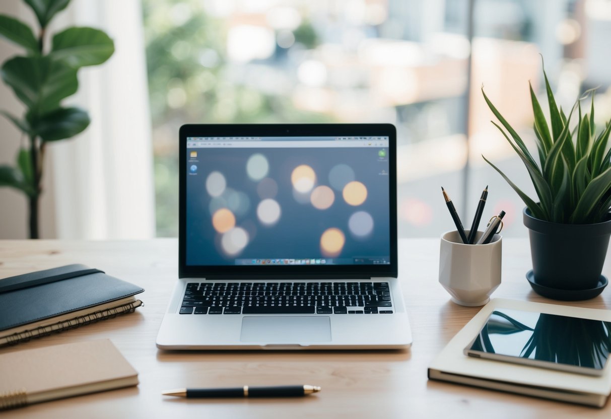 ADHD and Minimalism: 10 Ways to Achieve Focus and Clarity in a Distracting World 1 A clutter-free desk with only necessary items: a laptop, notebook, pen, and a plant