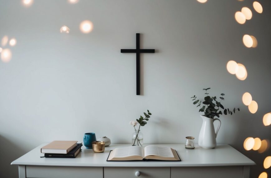 A simple, uncluttered room with a single cross on the wall and a few essential items