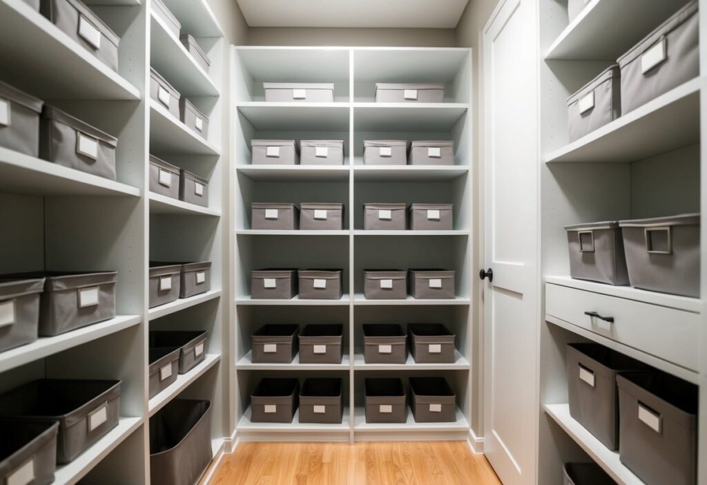 Top 7 Tips for Minimalism and Moving: Simplify Your Transition 6 A neatly organized closet with labeled bins and shelves, showcasing a minimalistic approach to storage
