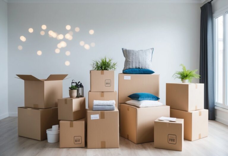 Top 7 Tips for Minimalism and Moving: Simplify Your Transition 1 A neatly organized room with few essential items packed into labeled boxes, ready for a move