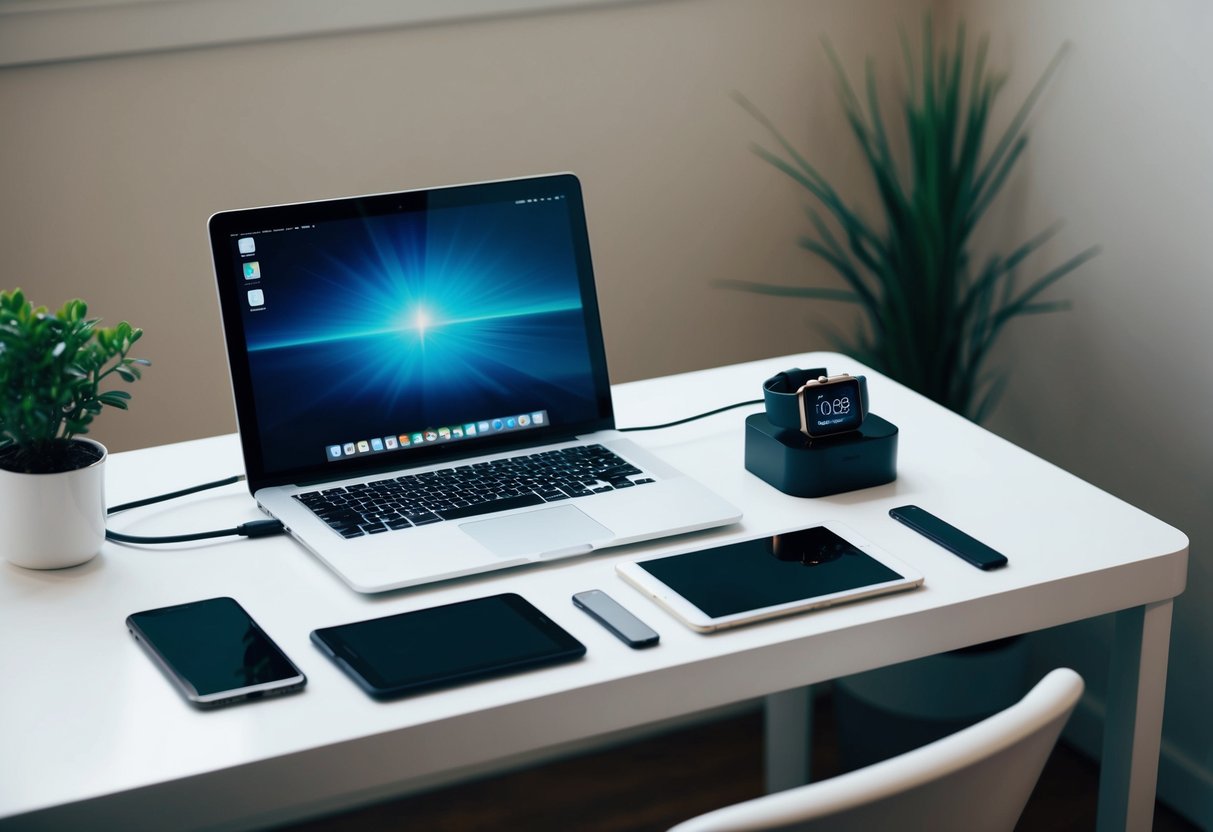 5 Ways on How to Live a Tech Minimalist Lifestyle for a Simpler Life 1 A clutter-free desk with a laptop, smartphone, tablet, and smartwatch neatly organized. A single charging station with minimal cables. A clean and simple tech minimalist lifestyle