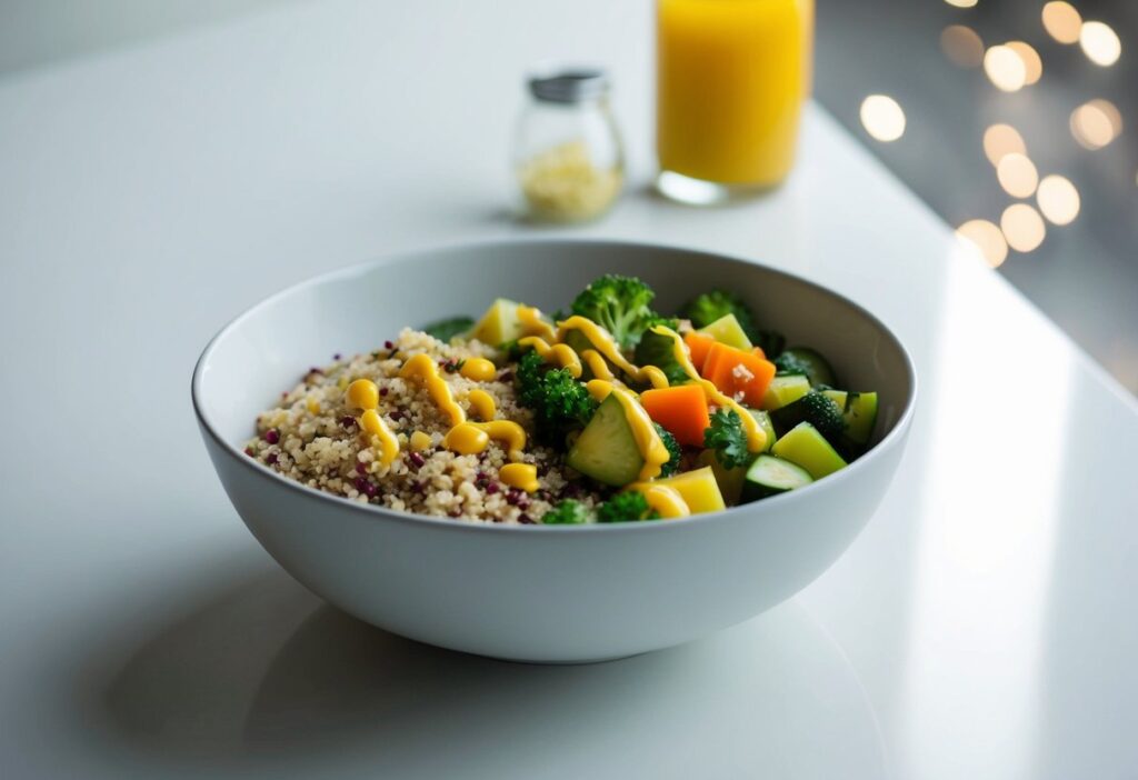 Minimalism and Food: 5 Recipes For A Clean Diet 3 A simple, modern bowl filled with quinoa, colorful vegetables, and a drizzle of sauce sits on a clean, white surface