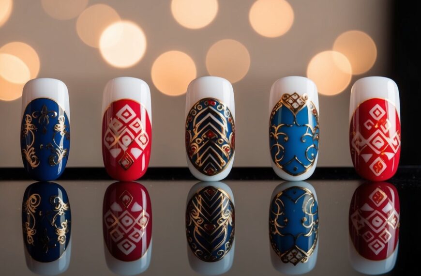A table with five different nail designs, each featuring traditional Eastern patterns and motifs, displayed on individual nail tips - Simple Nail Designs for Eastern