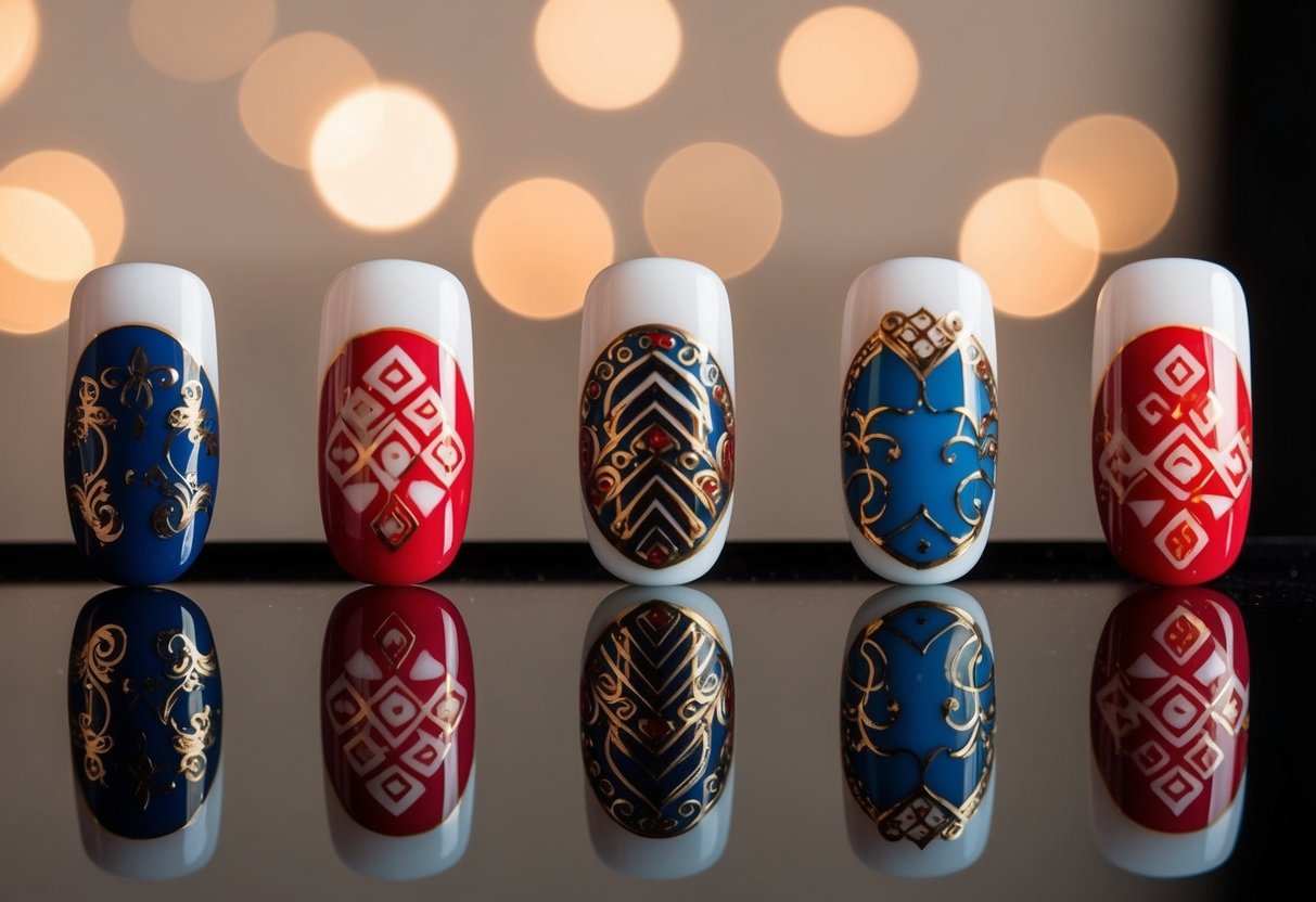 A table with five different nail designs, each featuring traditional Eastern patterns and motifs, displayed on individual nail tips - Simple Nail Designs for Eastern