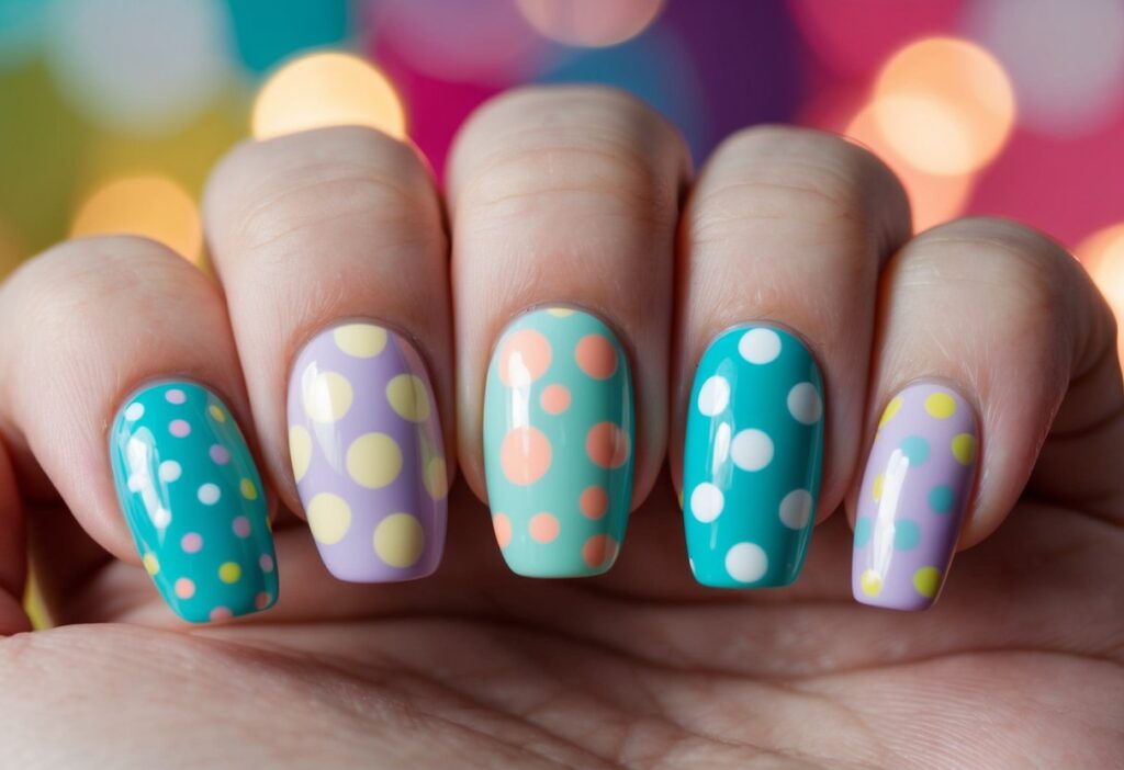 5 Simple Nail Designs for Eastern Minimalist Aesthetics 3 A set of five nails with pastel-colored polka dots in various patterns and sizes