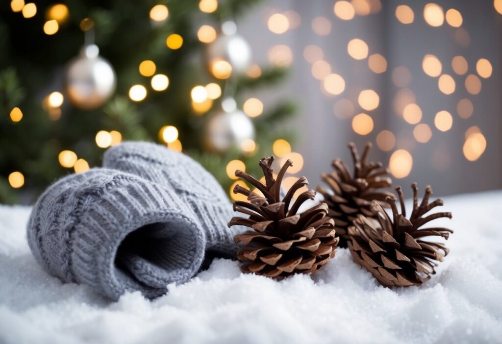 7 Simple Winter Nail Inspo: Fresh Minimalist Ideas for Your Seasonal Manicure 11 A cozy winter scene with snowflakes, pine cones, and mittens