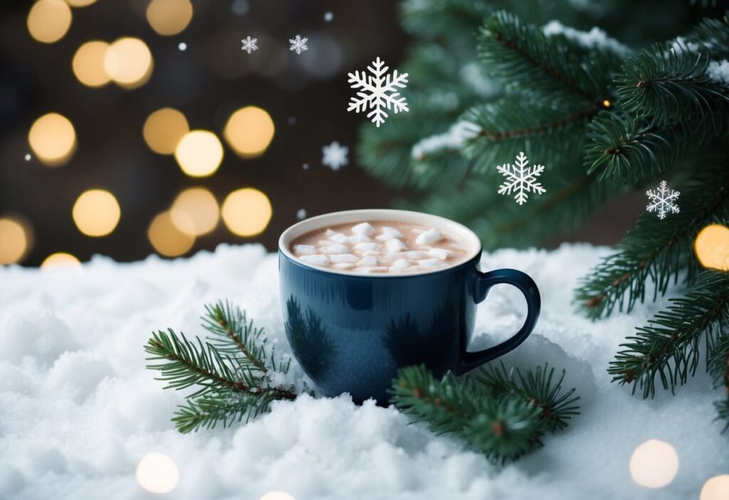 7 Simple Winter Nail Inspo: Fresh Minimalist Ideas for Your Seasonal Manicure 10 A cozy winter scene with snowflakes, evergreen branches, and a cup of hot cocoa