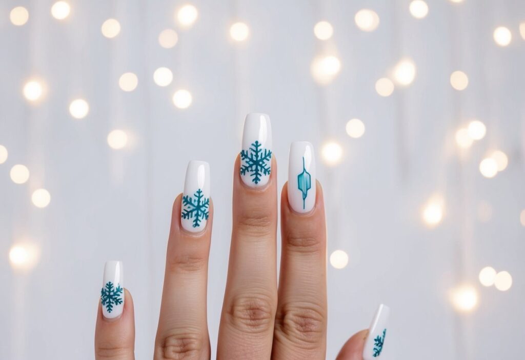 7 Simple Winter Nail Inspo: Fresh Minimalist Ideas for Your Seasonal Manicure 9 A white backdrop with minimalist snowflake and icicle designs on each nail